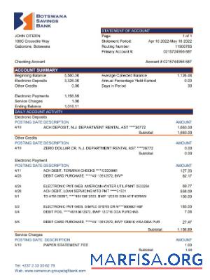 Downloadable Botswana Savings bank statement excel real example
